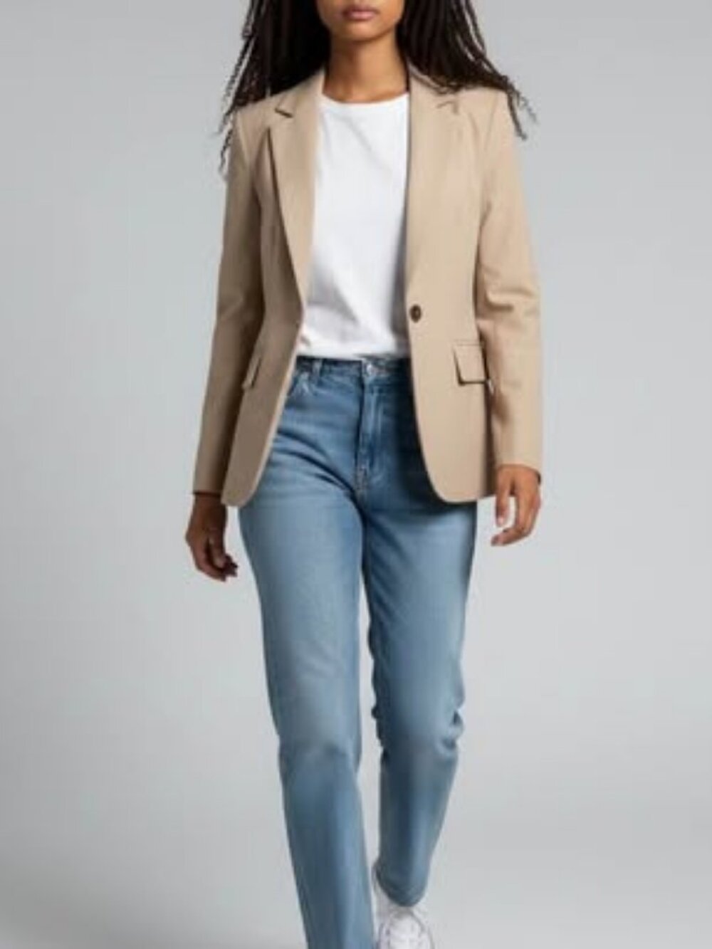 Tan Single-Button Blazer with Flap Pockets — Size S